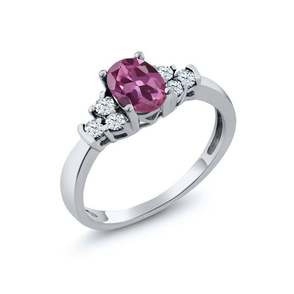 Gem Stone King 925 Sterling Silver Pink Tourmaline and White Topaz Engagement Ring for Women (0.74 Cttw, Gemstone Birthstone, Available in Size 5, 6, 7, 8, 9)