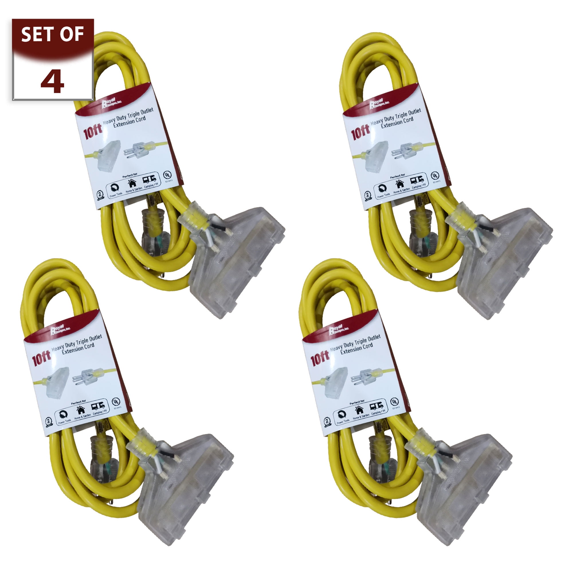 Royal Designs Indoor/Outdoor Heavy Duty 10 ft Yellow Extension Cord with Indicator light, Set of