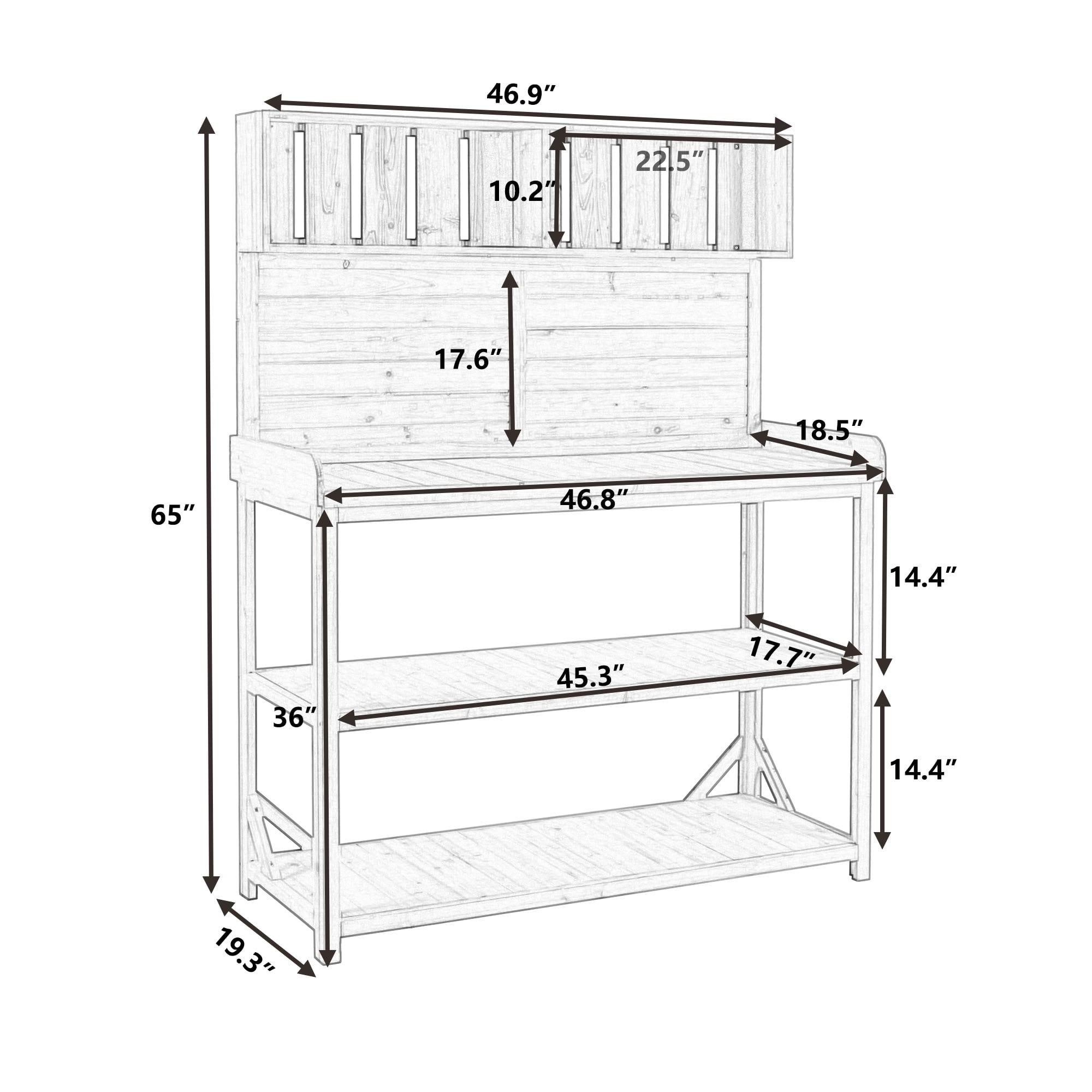 MAYEERTY 65" Tall Outdoor Wood Potting Bench, Farmhouse Garden Workstation with 4-Tier Storage Shelves, Side Hooks & Anti-Falling Safety Device for Patio, Backyard, Lawn