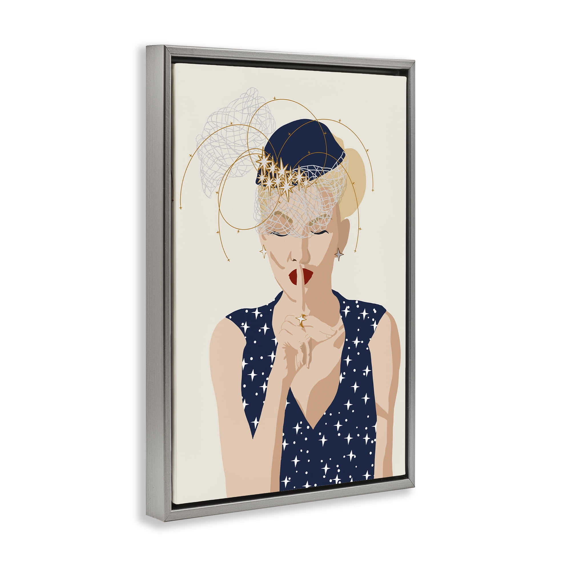 Stupell Industries Chic Fashionista Portrait Novelty Painting Gray Floater Framed Art Print Wall Art, 17 x 25