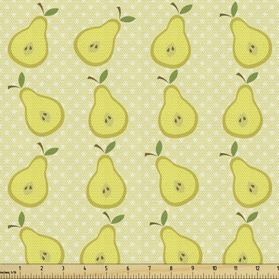 Fruit Fabric by the Yard, Concept of Repetitive Sliced Pears on a Background of Minimal Stars, Upholstery Fabric for Dining Chairs Home Decor Accents, Pastel Yellow Olive Green by Ambesonne