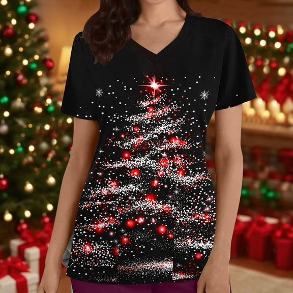 VKOYWKM Christmas Scrubs for Women V-Neck Short Sleeve Christmas Tree Print Scrubs Nurse Gifts Comfy Scrub Tops with Pockets