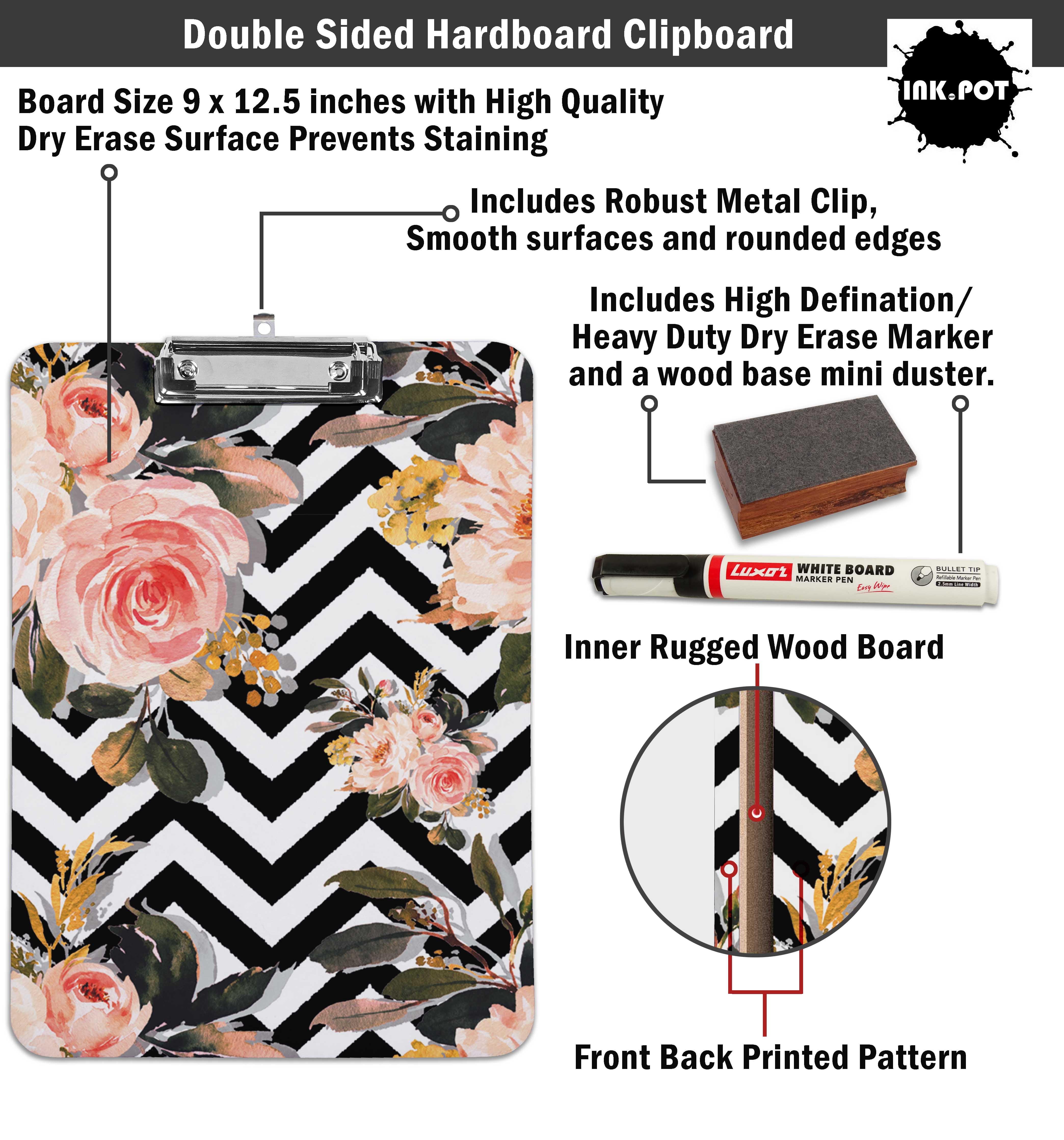 Inkdotpot Dry Erase Double Sided Clipboard Florals Printed Paperboard Clipboard With Free Marker & Duster