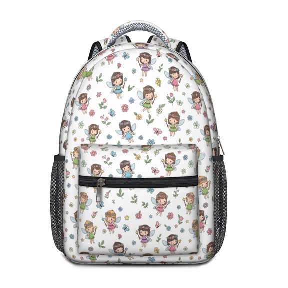Princess and Fairy White Pattern Backpack for School, Cute School Bag with Adjustable Shoulder Straps and Padded Back, 15.3"x11"x6.7"
