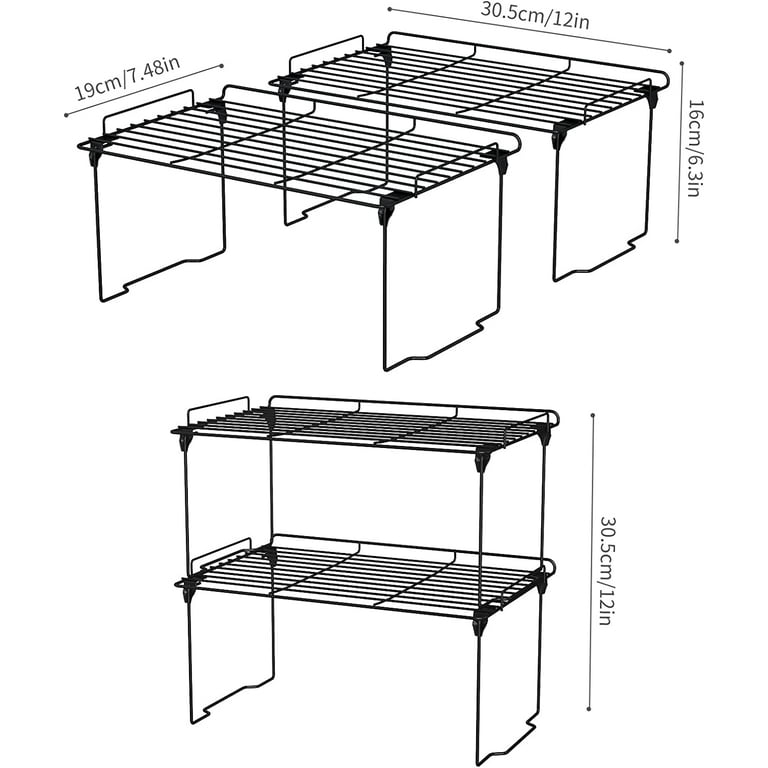 2 Pack Black Kitchen Cabinet Shelf Organizers, Stackable Shelves