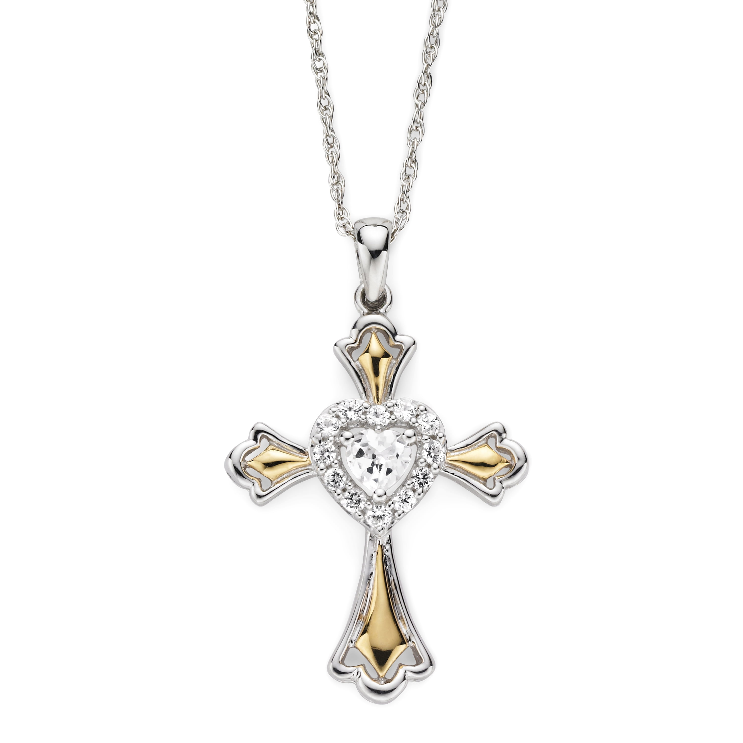 Brilliance 925 Sterling Silver with 14KY Gold Plated Created White Sapphire Cross Pendant with 18" Chain
