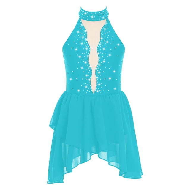 RUNQHUI Robe de Danse Lyrique pour Filles Enfants Sans Manches Dos Nu avec Strass Bleu Vert 8