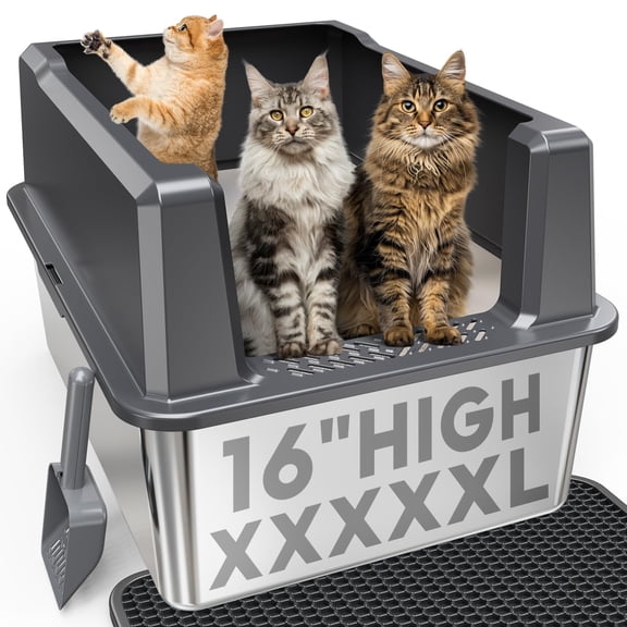 Tulib 28" Stainless Steel Cat Litter Box, Open Top Kitten Litter Box, with High Sides, Litter Mat and Scoop, Gray
