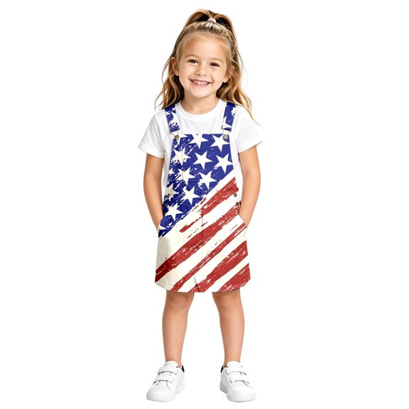 Bainana July 4Th Overalls Dress For Girls Sleeveless American Flag Dresses USA Anniversary 250 Years Celebration Patriotic Dress For Toddler And Tweens 4-5 Years Red