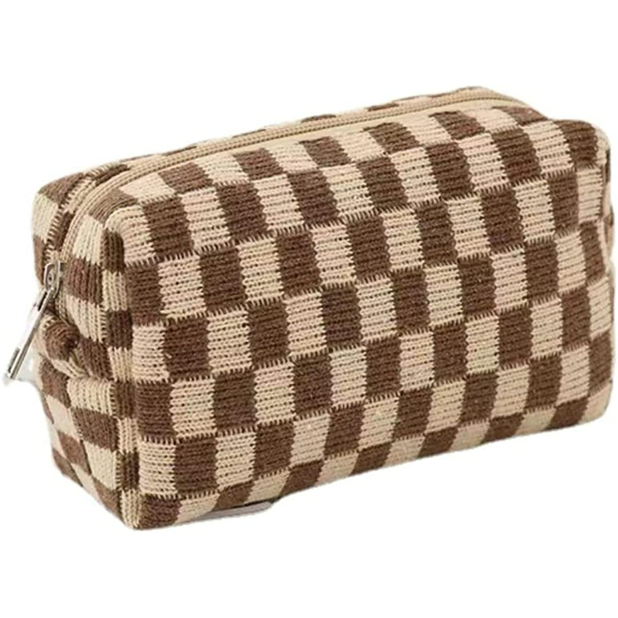 IMMEKEY Small Cosmetic Bag for Purse, Cute Velvet Checkered Makeup Bag,  Portable Travel Versatile Zipper Pouch For Women (Brown) 