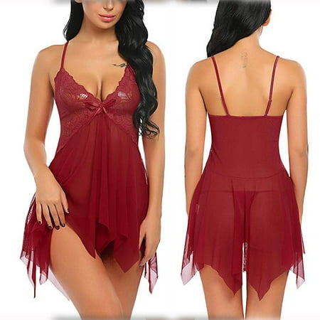 

SUANMAY Womens Plus Size Irregular Deep V Neck Lingerie Babydoll Chemise Sleepwear Wine Red L
