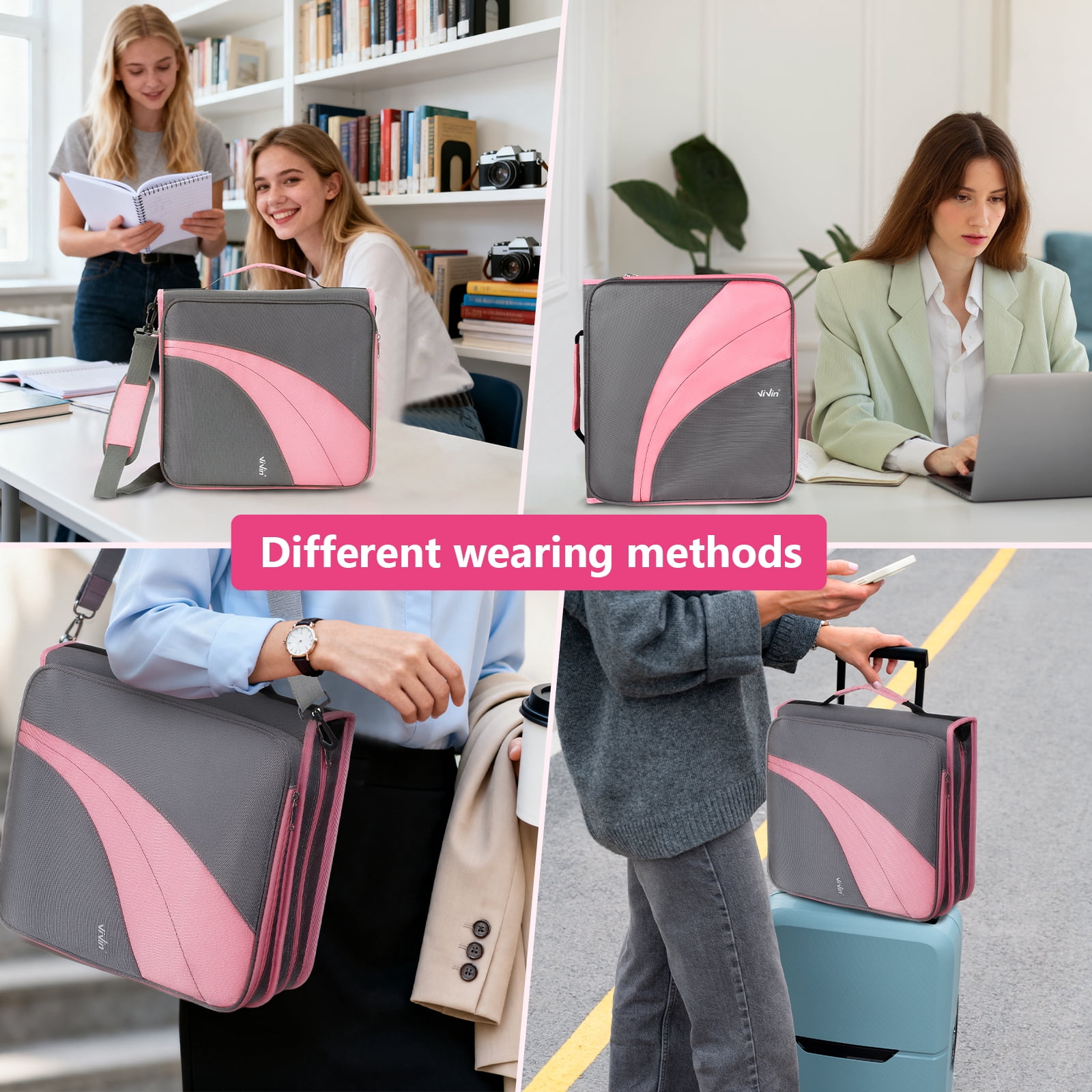 ViVin Zipper Binder 2 Inch O-Ring 450 Sheet Capacity, Multiple Tap and Zip Pockets, Office Supplies, Pink
