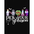 thumbnail image 2 of Casual Comfort) Women's Halloween-Themed "Pick Your Poison" Graphic Tee - Casual Crew Neck Short Sleeve T-Shirt with Spooky Potion Bottles & Bat Design, Comfortable Summer Top for Casual Attire, 2 of 6