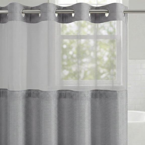 Americanflat 72x75 Hookless Waffle Pattern Shower Curtain - Water-Resistant Long Shower Curtain with Sheer Panel, Snap-in Liner, and Durable Grommets - 100% Polyester - Light Grey