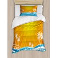 thumbnail image 1 of Summer Duvet Cover Set Twin Size, Holiday Illustration with Wavy Ocean Palm Trees Sunburst Lines, Decorative 2 Piece Bedding Set with 1 Pillow Sham, Pale Orange Blue White Yellow, by Ambesonne, 1 of 3