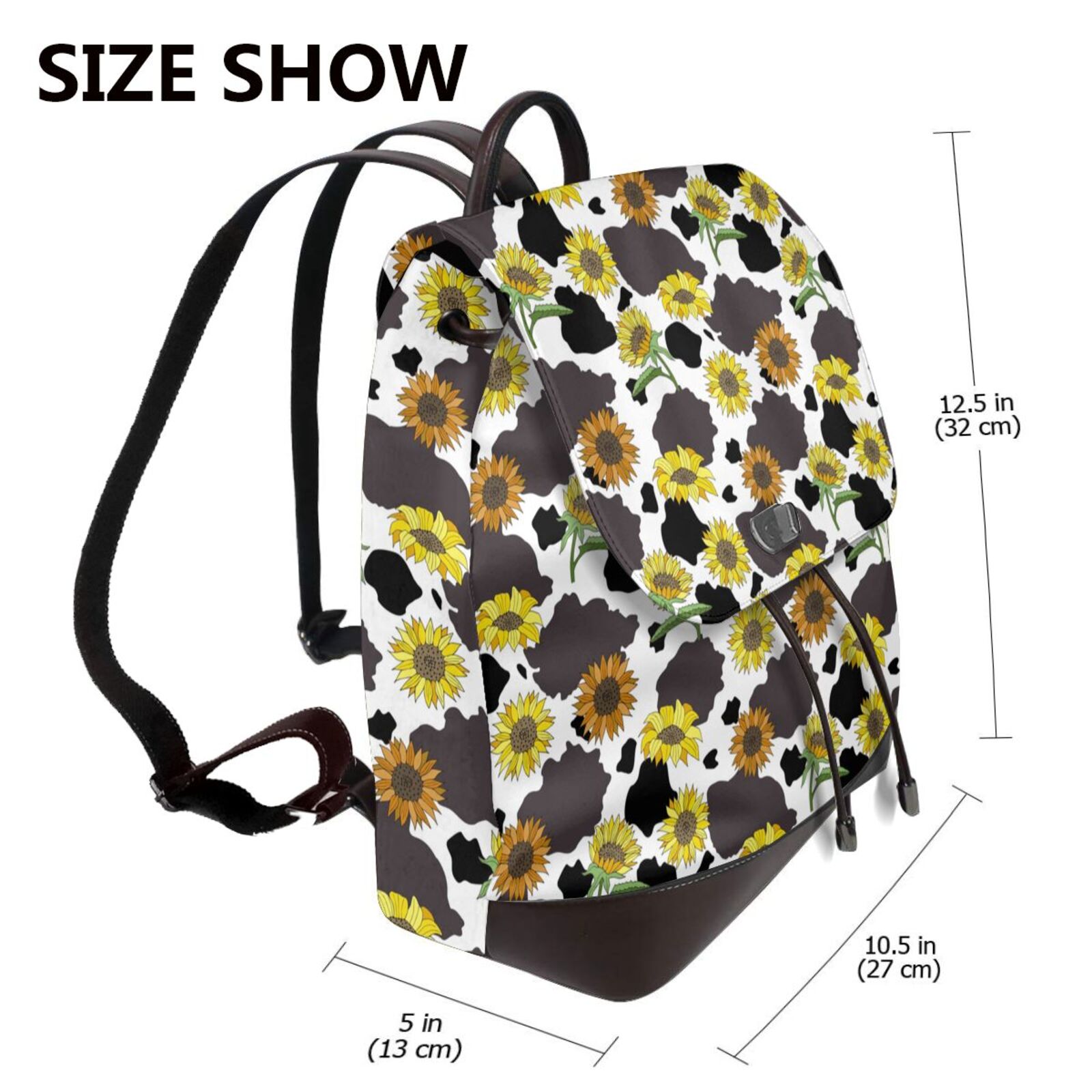 Xecao Black Cow Sunflowers Print Large Backpack Soft Leather for Women Travel with Compartment, Adjustable Convertible Strap