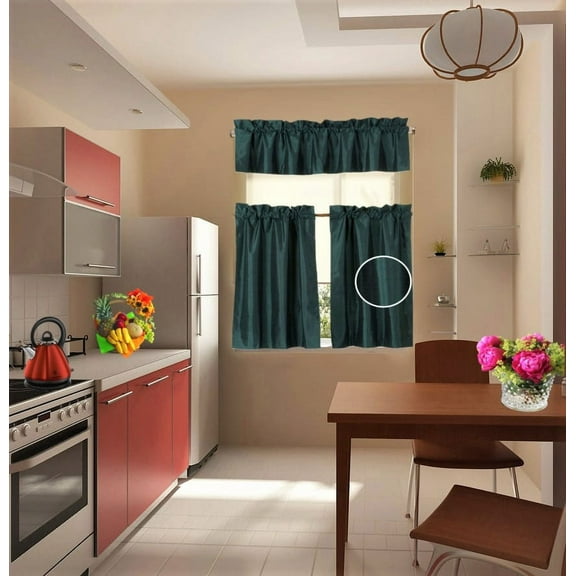 3-Piece 7LO Hunter Green Blackout Rod Pocket Kitchen Curtain Set, SOLID Design Tier Panels with One (1) Matching Swag Valance Included