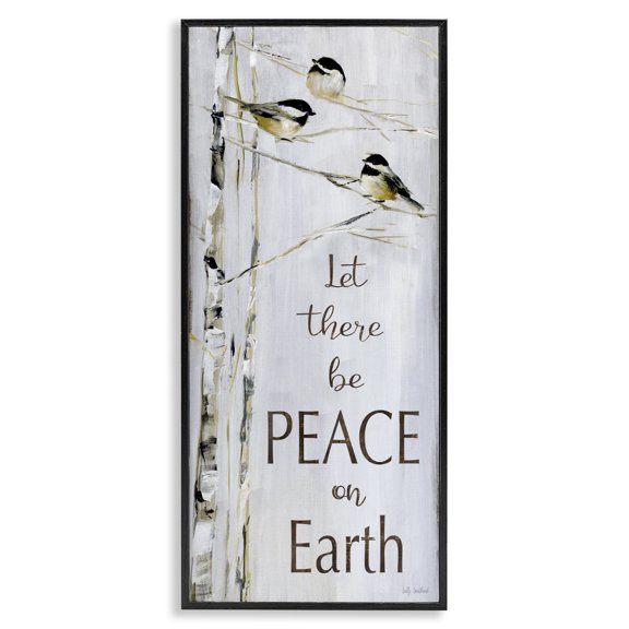 Stupell Industries Farmhouse Peace on Earth Phrase Winter Birds Snowy Tree Black Framed Giclee Art, 10 x 24, by Sally Swatland
