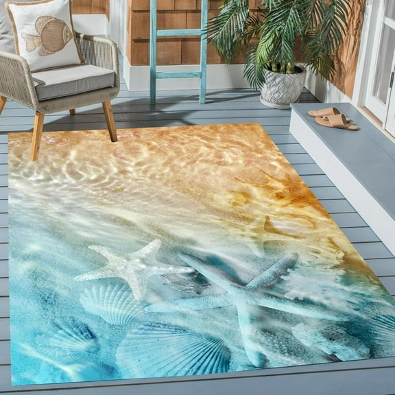 Coastal Ocean Beach Theme Indoor Oudoor Waterproof Area Rug 2'x3' Star Fish Outdoor Rug for Patio Backyard Deck 3D Illusion Livingroom Bedroom Dining Office Carpet