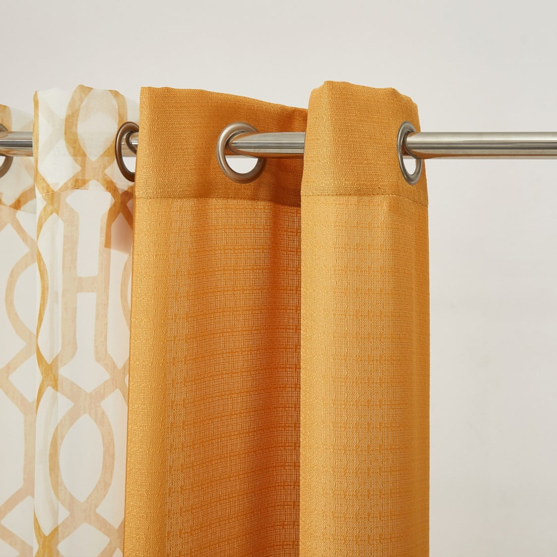 Mainstays Kingswood Solid and Printed Sheer Grommet Curtain Panel Set, 4 Piece, Brown Butter, 27.5" W x 84" L