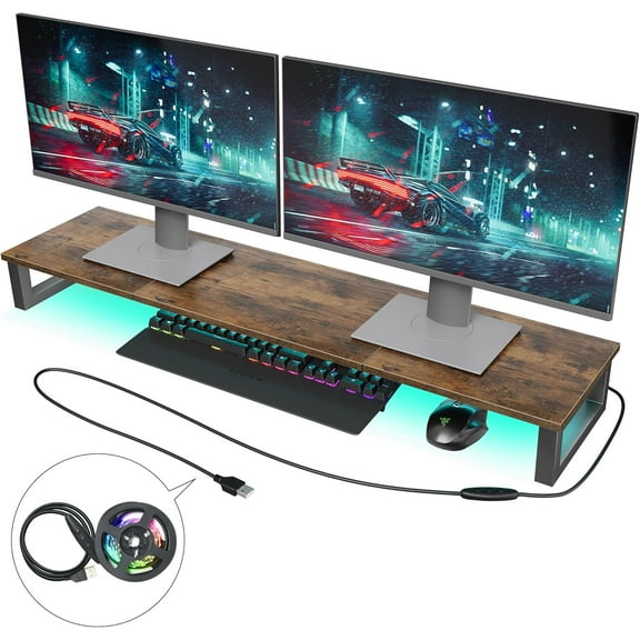 Dual LED Monitor Stand with RGB Strip Lights, 37.7" Large Computer Stand for 2 Monitors, Long Wood Desk Riser Shelf for TV, Laptop, Printer, Vintage Brown
