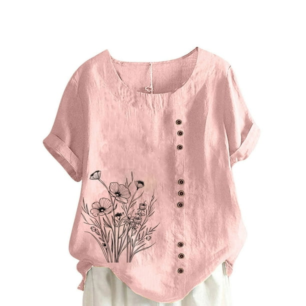 Vestidos Casuales Para Mujer, Blusas De Mujer De Moda Blusa informal de lino con cuello redondo, manga corta y botones para mujer