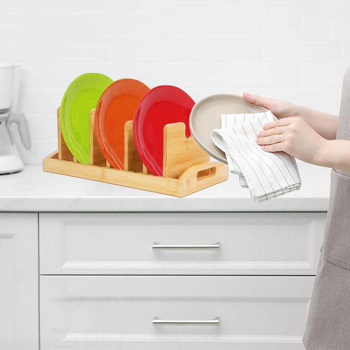 Bamboo Pot Lid Organizer,Pot Lid Holder Pot and Pan Organizer Drawer Organizer for Pot Lids,Pans, Cutting Boards & Baking Sheets, Dinner Plates