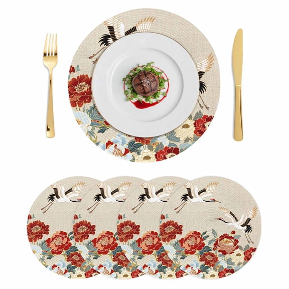 Farmhouse Flowers Round 15 Inch Placemats Set of 4, Japanese Style Peony Floral White Bird HeatResistant Non Slip Place Mats for Dining Table, Wipeable Braided Kitchen Table Mats for Housewarming
