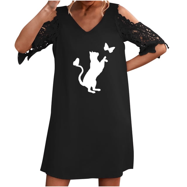 Vestidos de manga corta con hombros descubiertos y encaje con cuello en V estampado sexy de verano para mujer Fridja bnh5581