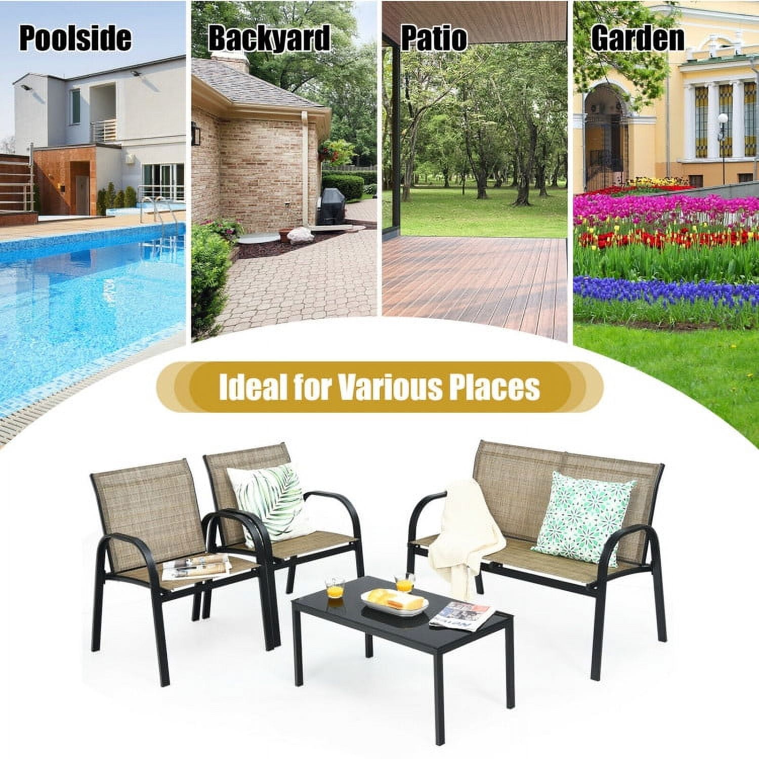 Aimee Lii 4 Pieces Patio Furniture Set, Aluminum Frame Cushioned Sofa, Small Patio Set, Brown Aimee Lii 4 Pieces Patio Furniture Set, Aluminum Frame Cushioned Sofa, Small Patio Set, Brown