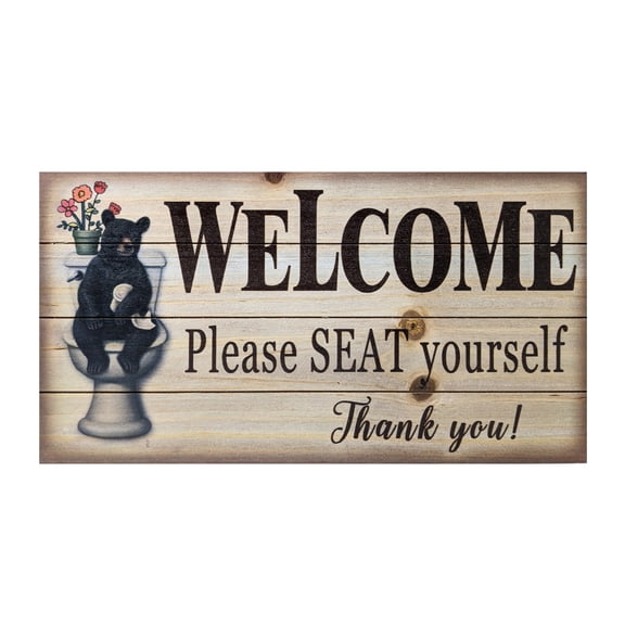 Wooden Black Bear Bathroom Sign - Welcome Please Seat Yourself Wall Decor, Funny Rustic Cabin Lodge Style Restroom Plaque, Unique Housewarming Gift for Nature Lovers