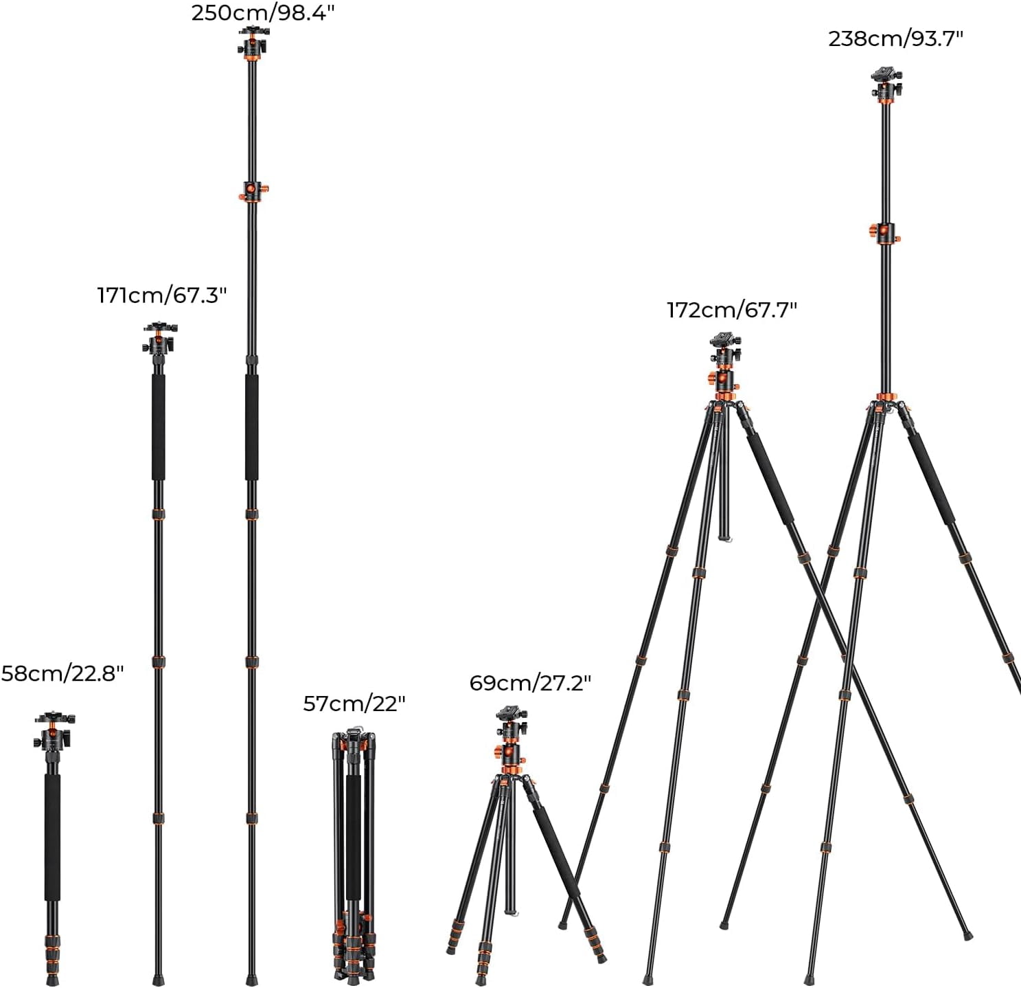 K&F CONCEPT 94" Overhead Camera Tripod aluminum video Tripod Transverse Center Column 22lbs/10kg Load with Detachable Monopod for DSLR SLR