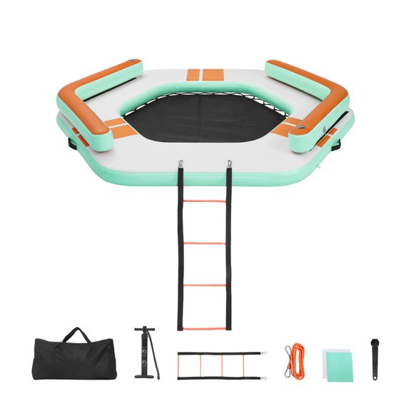 KFFKFF Inflatable Floating Dock, 8.5 x 8.5 FT Water Platform with Non-Slip Surface, Portable Carry Bag, and Removable Ladder, Ideal for Pools, Beaches, and Oceans