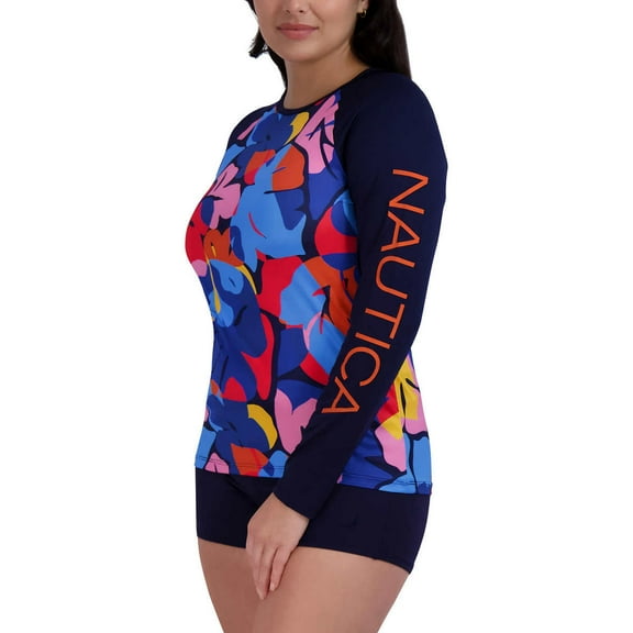 Nautica Women's Long Sleeve Floral Graphic Print UPF 30  Beach Swim Rashguard Top