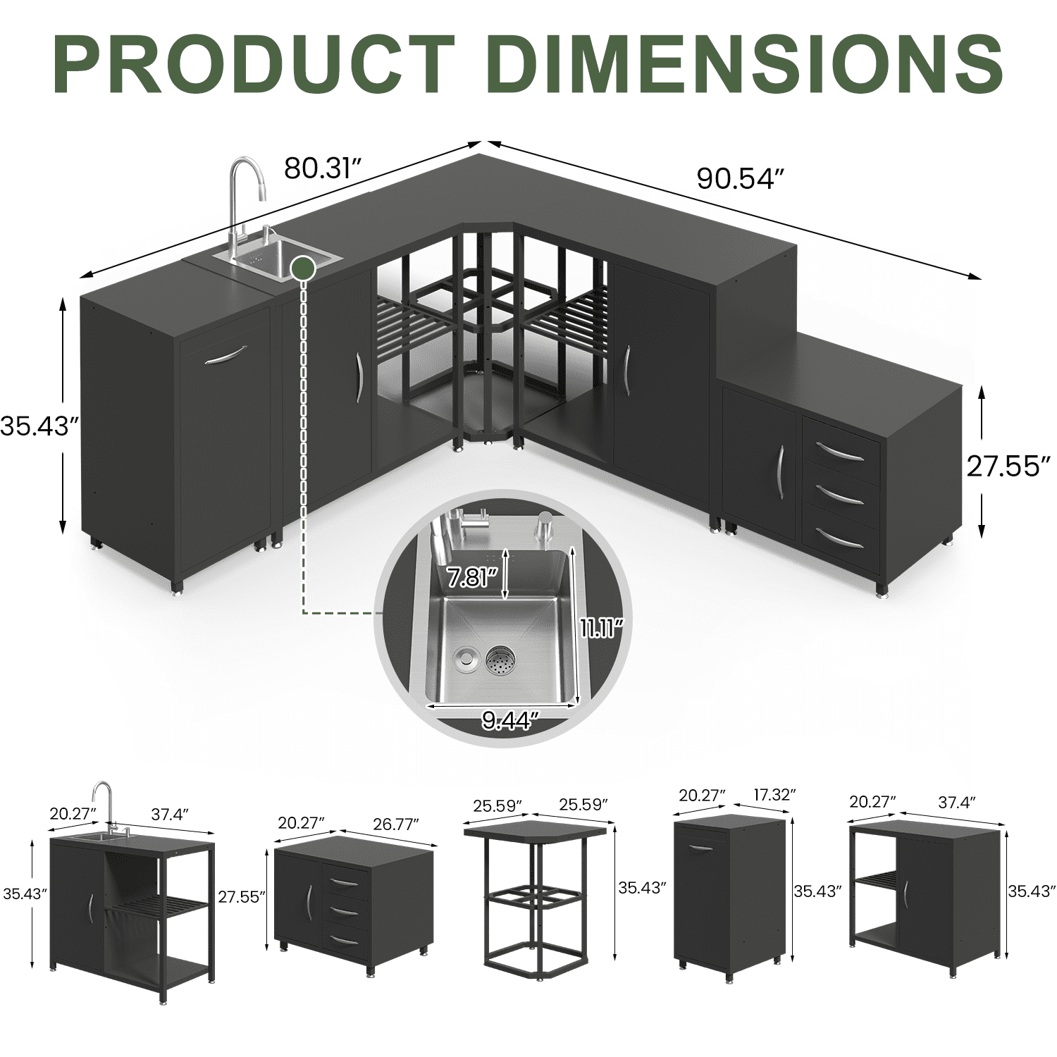 Richryce 5-Piece L Shaped Outdoor Kitchen Island with Sink, Large Storage Cabinet & Shelf, Pull-Out Trash Drawer and Grill Stand for Deck, Patio
