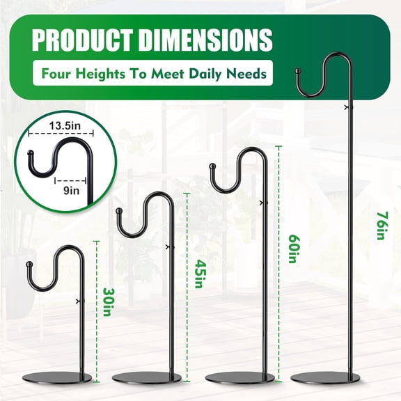 76" Heavy-Duty Hanging Plant Stand – Adjustable Shepherd’s Hook for Bird Feeder, Rustproof Steel with Weighted Base, Wreath & Lantern Stand for Outdoor or Indoor Use