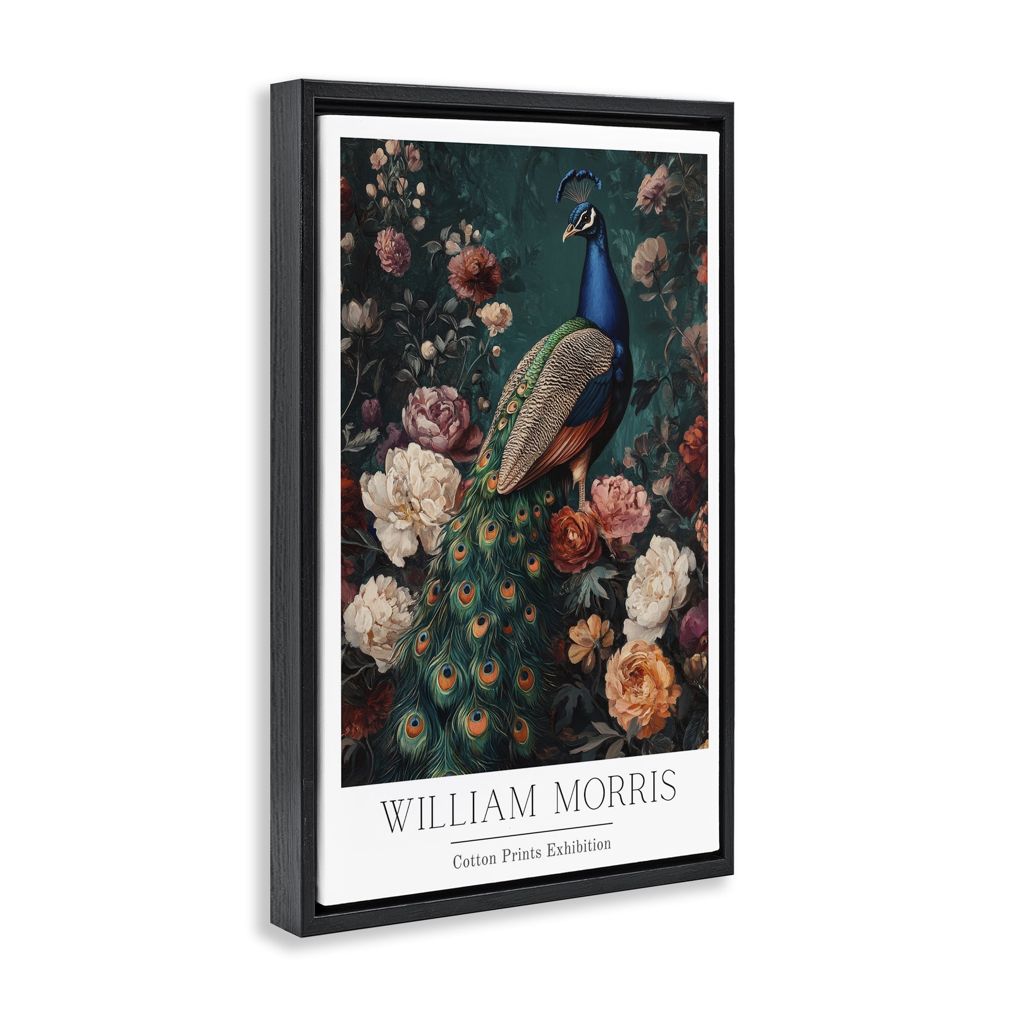Stupell Industries Vintage Floral Peacock William Morris Black Framed Floater Canvas Wall Art, design by Petal Prints Design