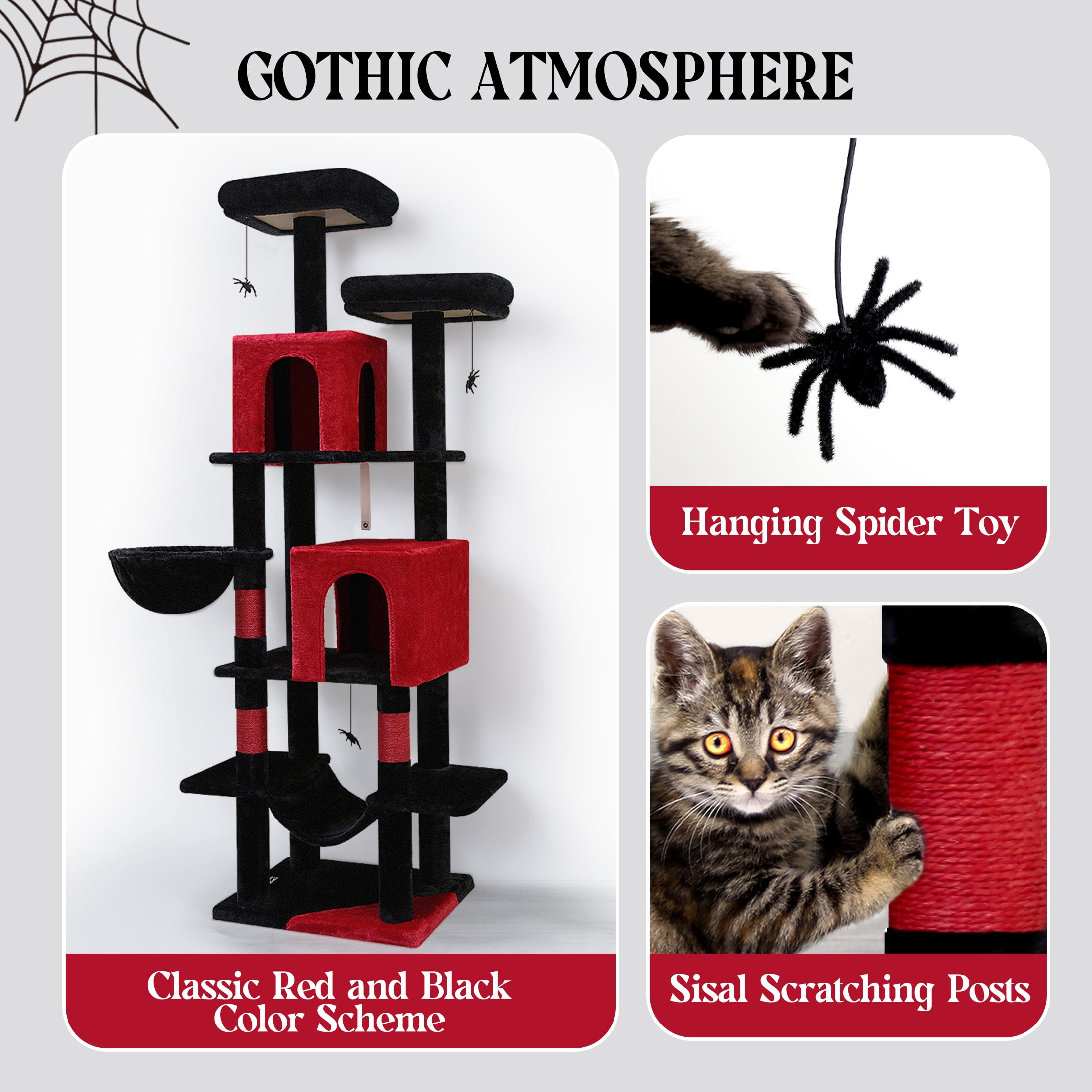 CT70F Gothic Cat Tree - 69" Tall Multi-Level Tower with Condos, Perches & Scratching Posts, Red Black