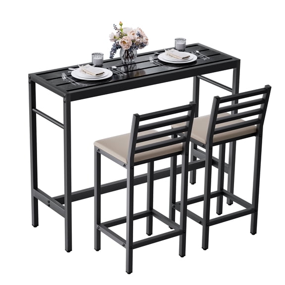 STICCIO 3 Pcs Outdoor Patio Bar Set, 50" Rectangular Bar Table and 2 Cushioned Bar Stools, Metal Counter Height High Top Set for Balcony