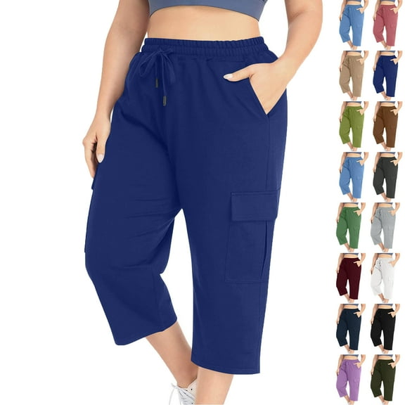Capris Pants Women's Summer Fashion Plus Size Casual Solid Color Elastic Loose Capris Straight Wide Leg High Waisted Pants With Pocket Blue,L