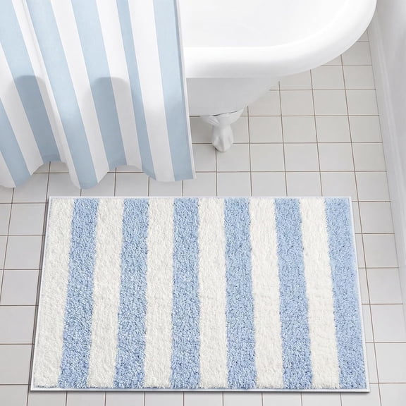 RLESO Blue and White Striped Bathroom Rug 16 X 24" Summer Flocked Bath Mat Non Slip Tpr Backing Absorbent Bath Rug Minimalist Shower Floor Mat for Bathroom Sink Tub Entryway Decor
