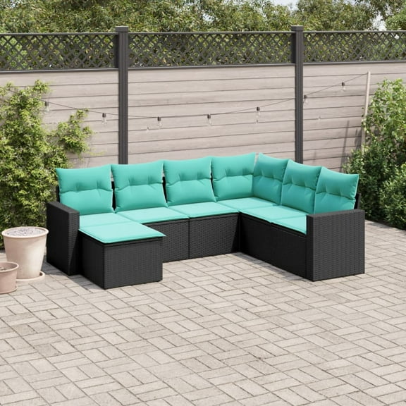 vidaXL 7 Piece Patio Sofa Set with Cushions Black Poly Rattan
