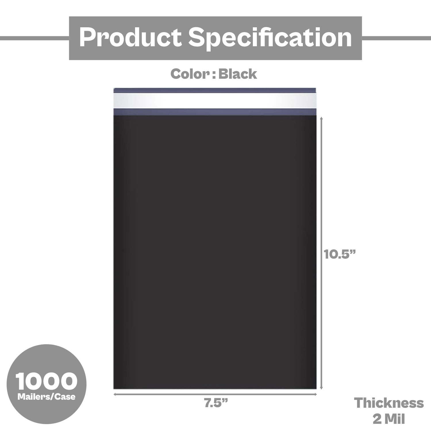 MMBM 7.5" x 10.5" Black Poly Mailer 2 Mil Self Sealing Polybags Packaging Shipping Mailing Envelopes Bags - 1000 Pieces