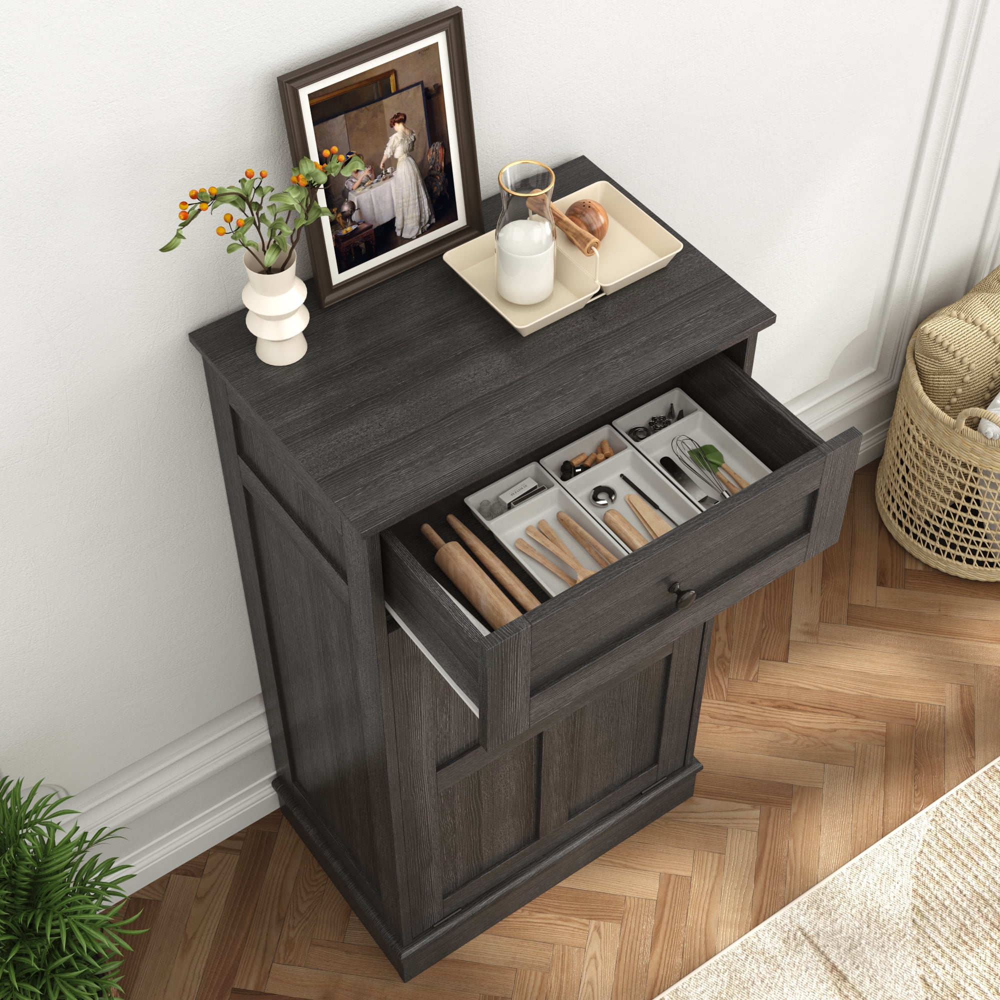 Blotout Kitchen Tilt Out Trash Cabinet, Hidden Wooden Trash Can with Drawer, Pet Proof Freestanding Kitchen Recycling Cabinet for Kitchen, Kitchen, Living Room