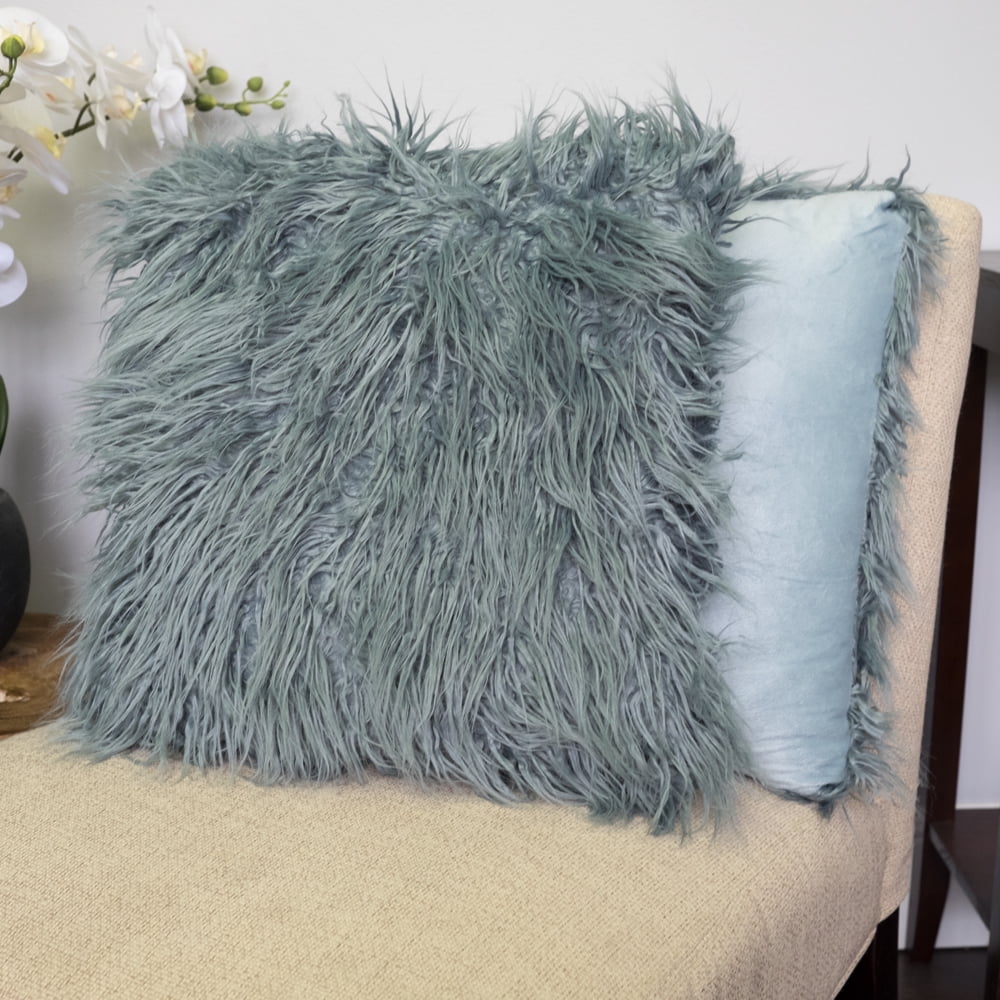 Mongolian Long Hair Faux Fur Decorative Throw Pillow Pair 18" x 18" Asst Colors