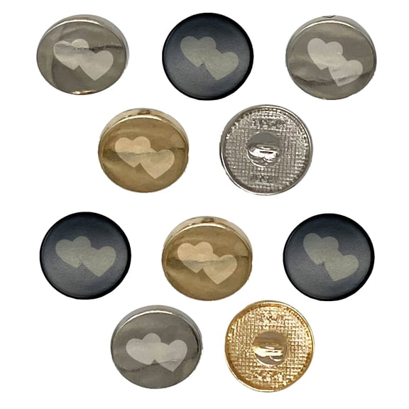 Double Heart Symbol Set of 10 Metal 0.6" (15mm) Sewing Shank Round Buttons - Gold Color