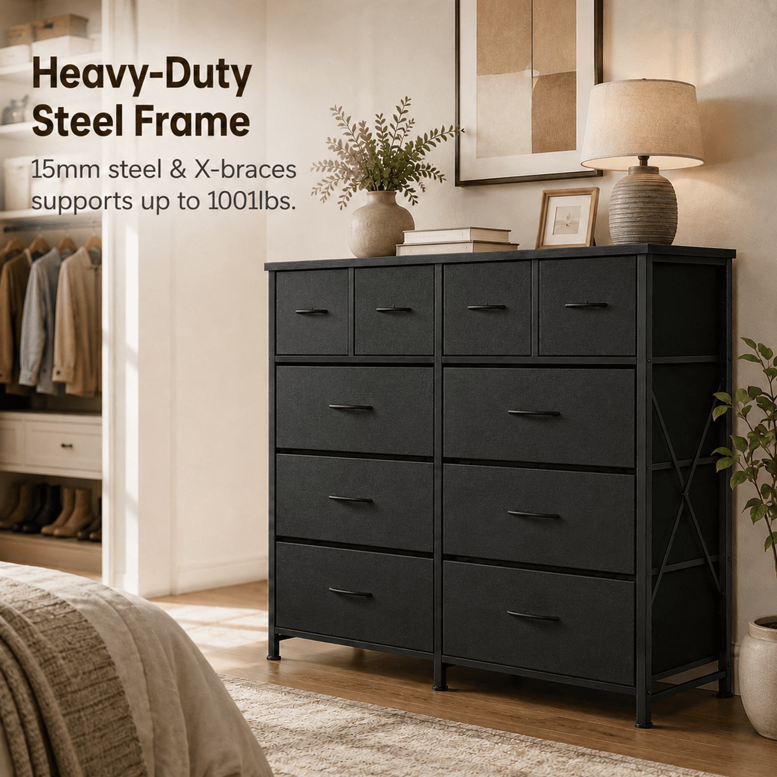 Alvantor 12-Drawer Dresser, Fabric Storage Tower for Bedroom, Hallway, Entryway, Closet, Tall Chest Organizer Unit with Fabric Bins, Steel Frame, Wood Top, Easy Pull Handle