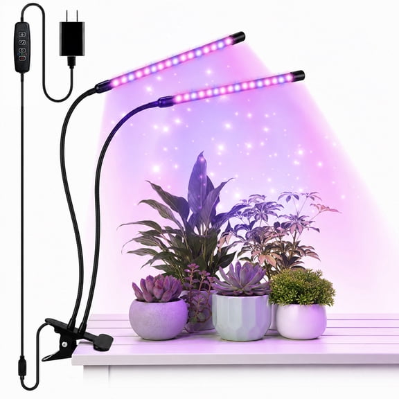 Tripumer 2-Head LED Clip Grow Light, 3/9/12h Auto Timer, 3 Light Modes, 360° Flexible Gooseneck for Indoor Plants, Seedlings, Succulents