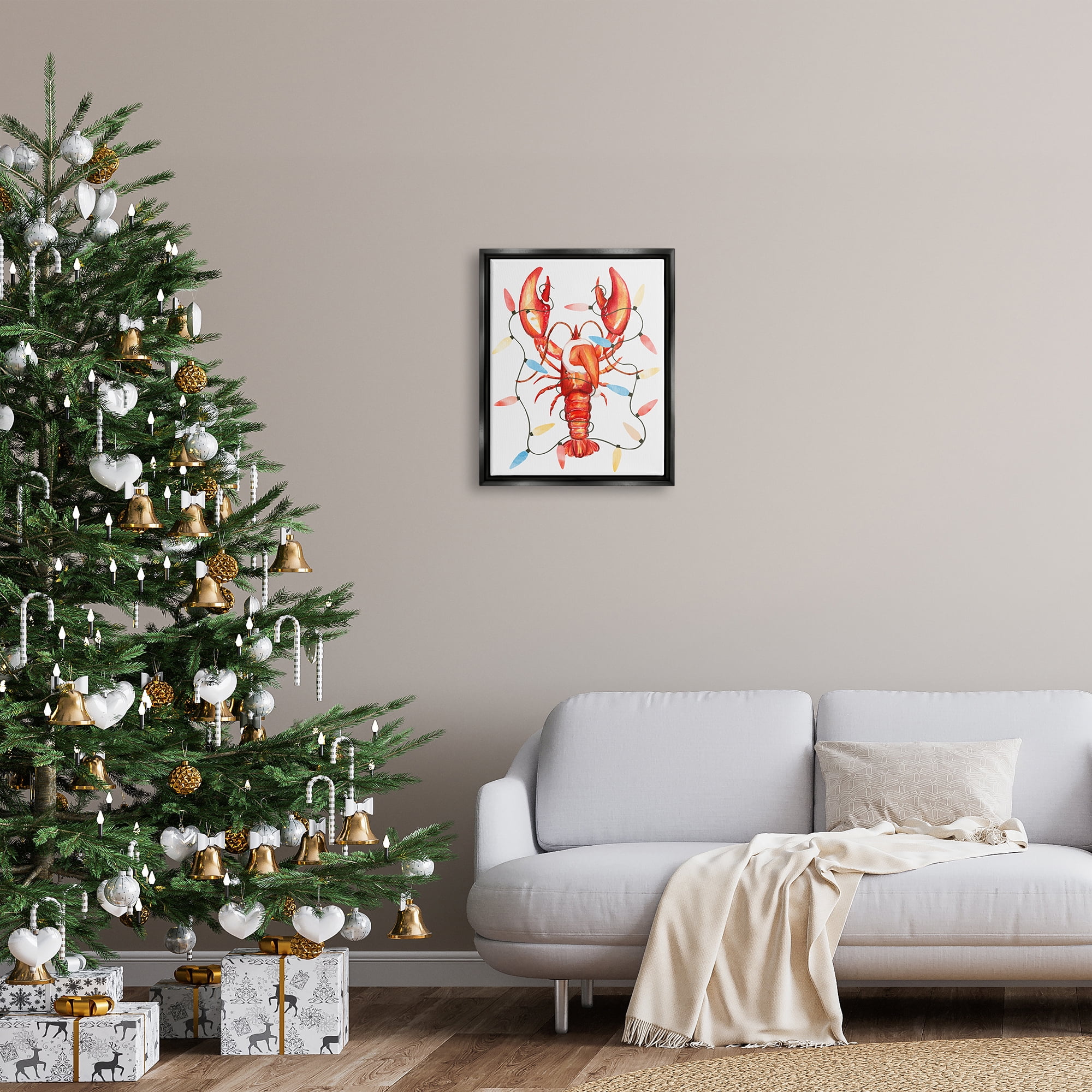 Stupell Industries Nautical Lobster Christmas Lights Holiday Painting Black Floater Framed Art Print Wall Art