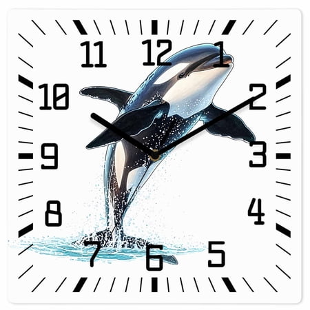 Cute Killer Whale Wooden Wall Clock Silent Non Ticking, Orca Animal Ocean Retro Artwork Square Wall Clocks Battery Operated, Decor Clock for Home Office, Living Room, Kitchen, 10 Inch